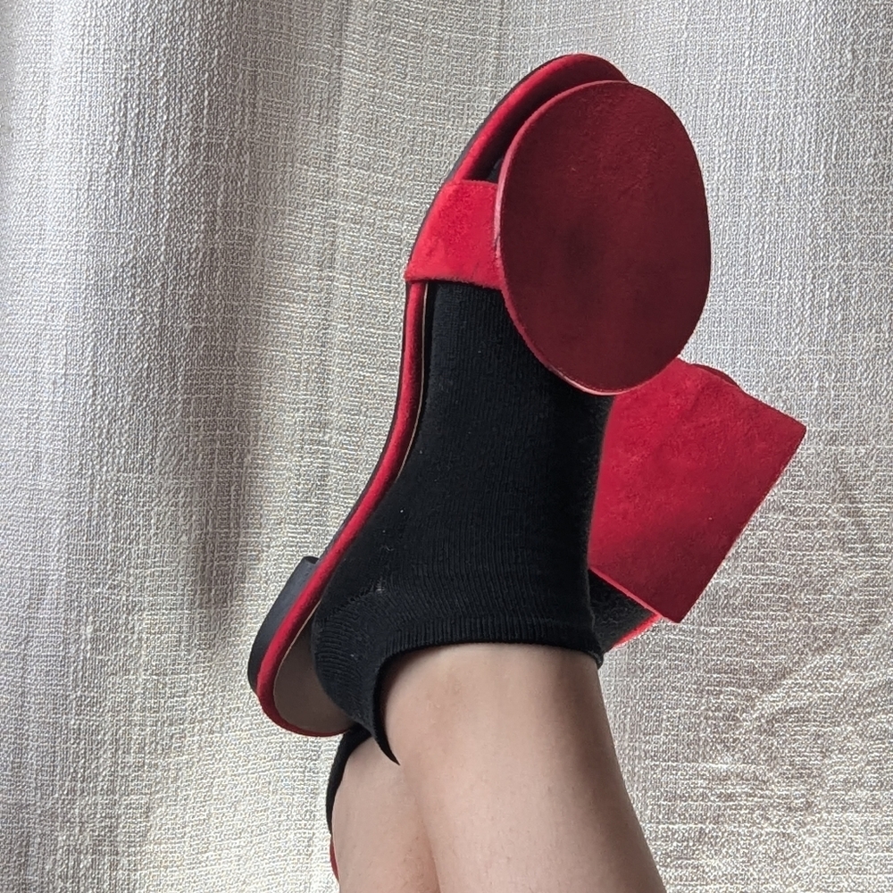 Red Suede Slide Sandal With Geometric Circle-Square Accent